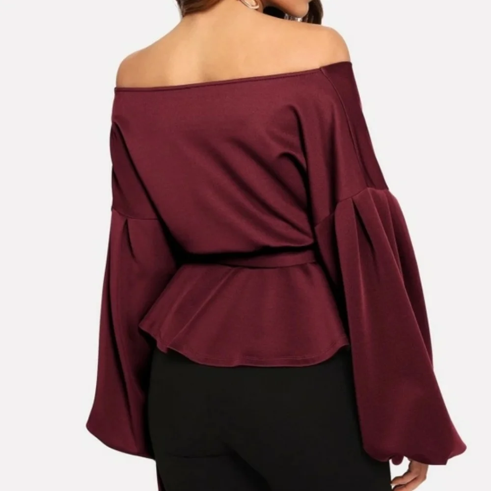 Lantern Sleeve Belted Wrap Off the Shoulder Top - Picture 2 of 8